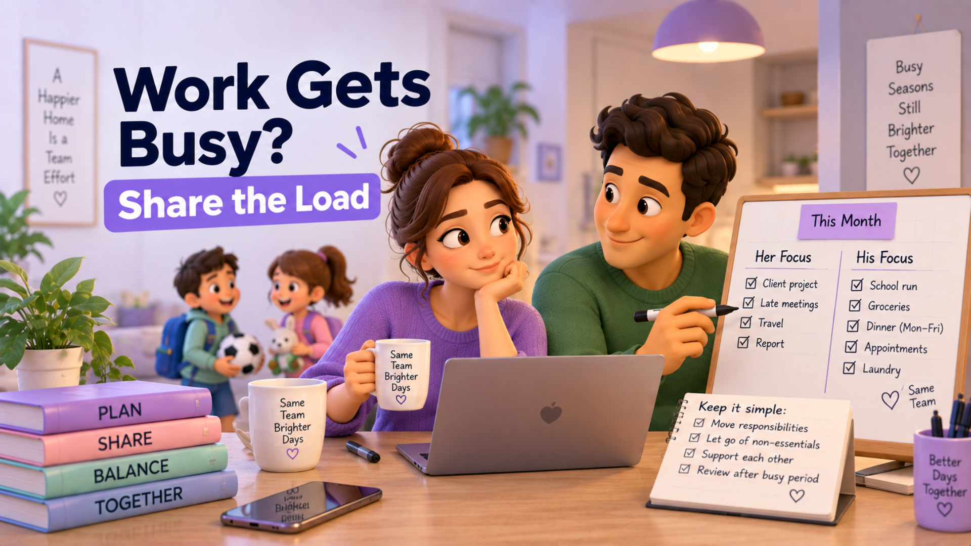 Illustration for the article "How to Rebalance Household Responsibilities When Work Gets Busy"