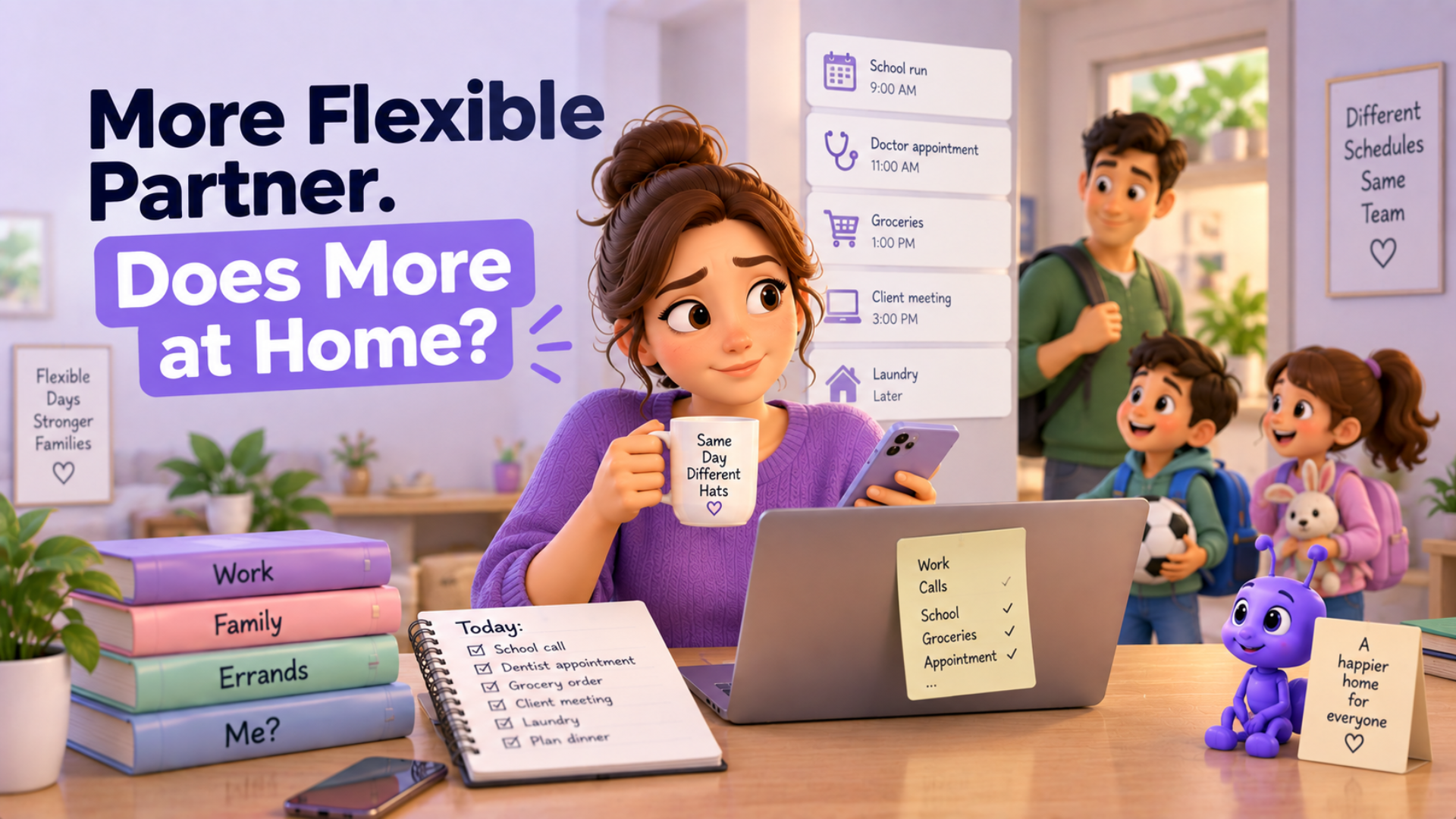 Illustration for the article "Why the More Flexible Partner Often Ends Up Doing More at Home"